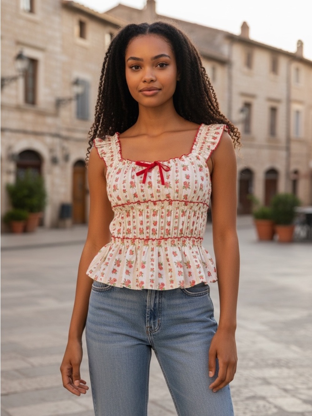 Floral Smocked Peplum Cami in White and Red